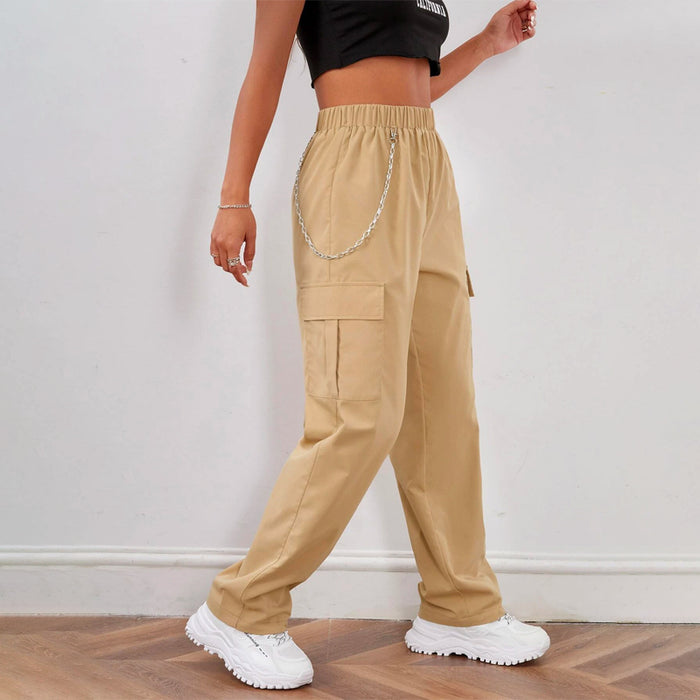 Elastic Waist Cargo Pants With Chain