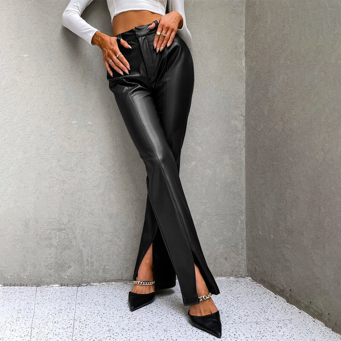 High Waist Slit Hem PU Leather Flare Leg Pants