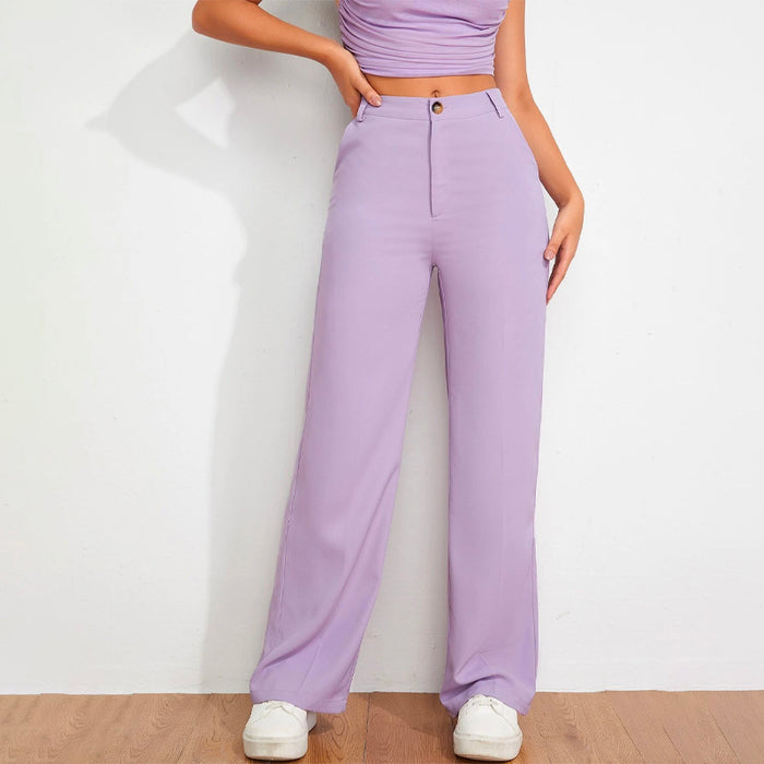 Solid High Waist Straight Leg Pants