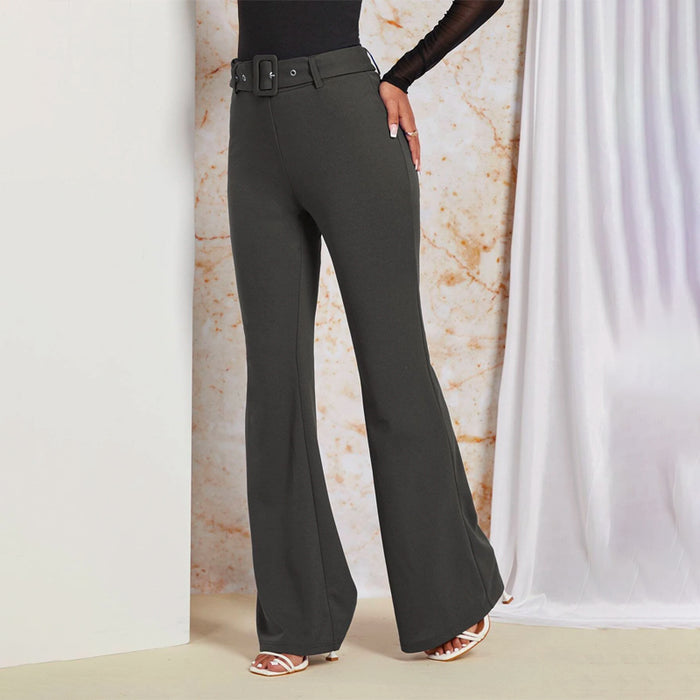 Plain Solid Flare Leg Belted Pants