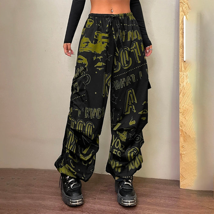 Graphic Drawstring Waist Parachute Pants