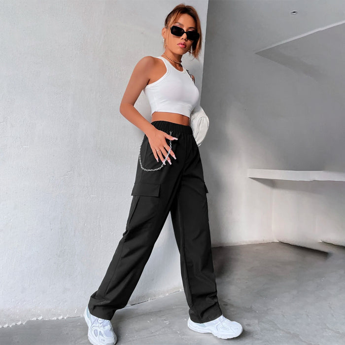 Elastic Waist Cargo Pants With Chain