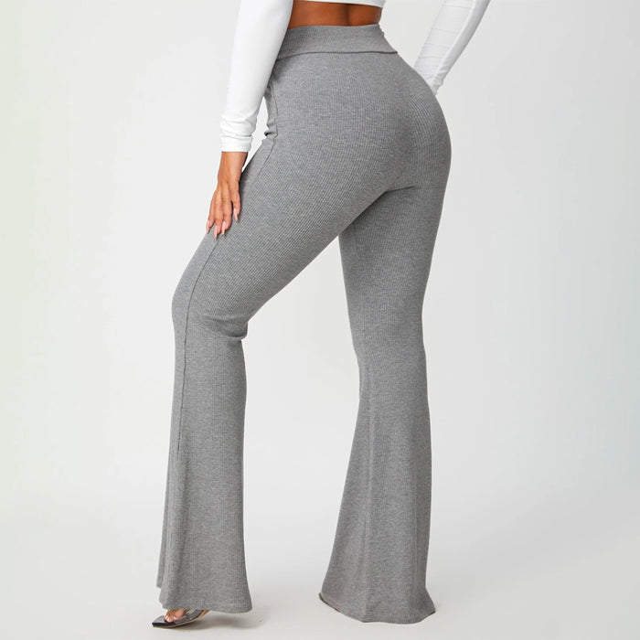 Solid Rib Knit Flare Leg Pants