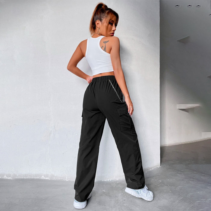 Elastic Waist Cargo Pants With Chain