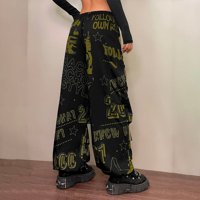 Graphic Drawstring Waist Parachute Pants