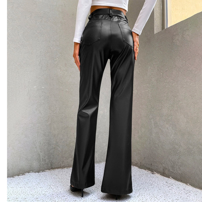 High Waist Slit Hem PU Leather Flare Leg Pants