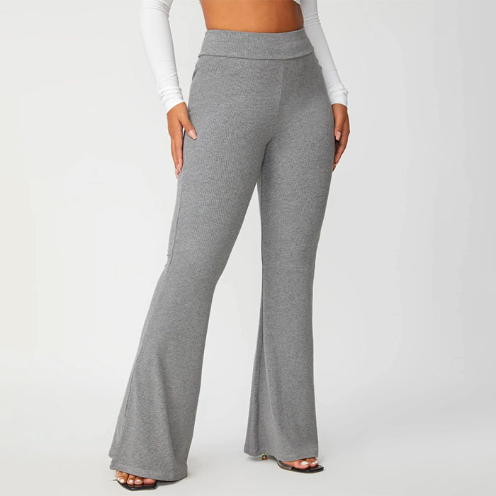 Solid Rib Knit Flare Leg Pants