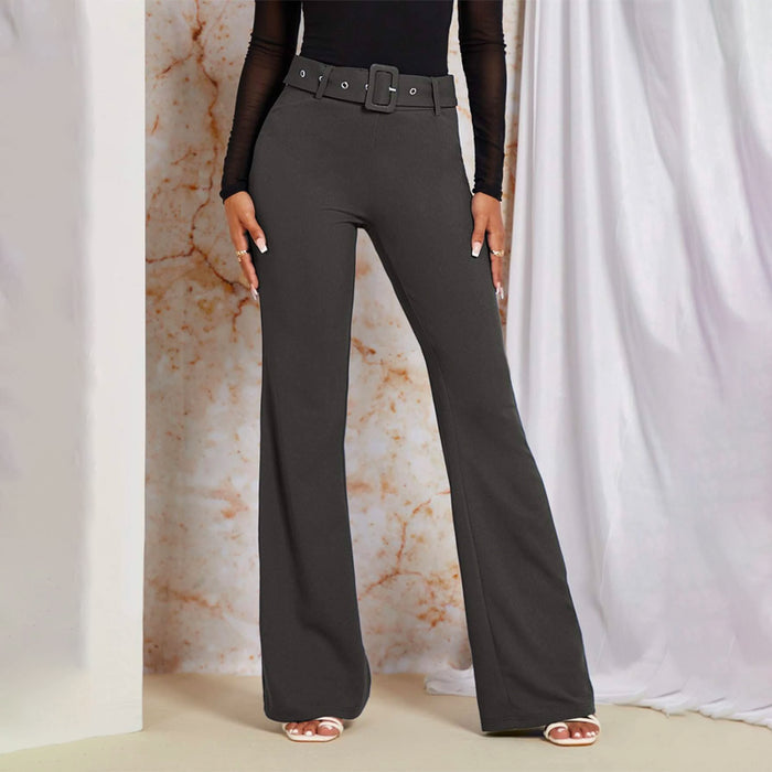 Plain Solid Flare Leg Belted Pants