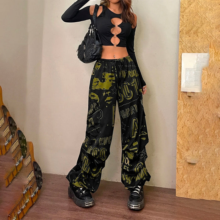 Graphic Drawstring Waist Parachute Pants