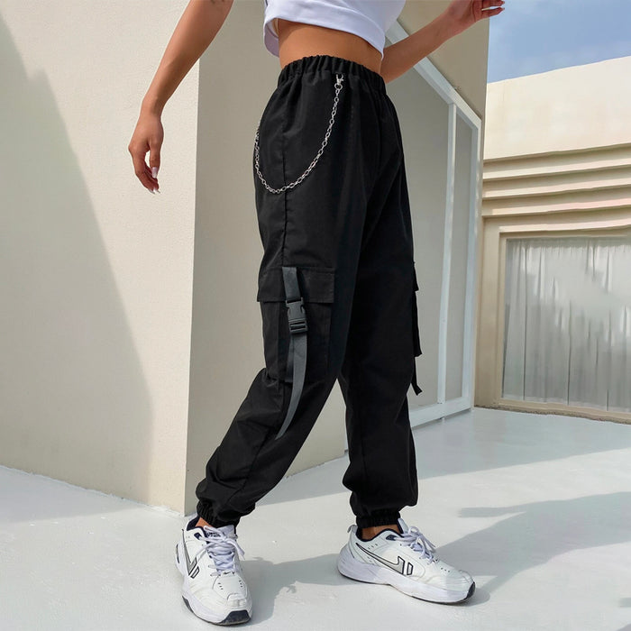 Flap Pocket Buckle Tape Cargo Pants With Chain