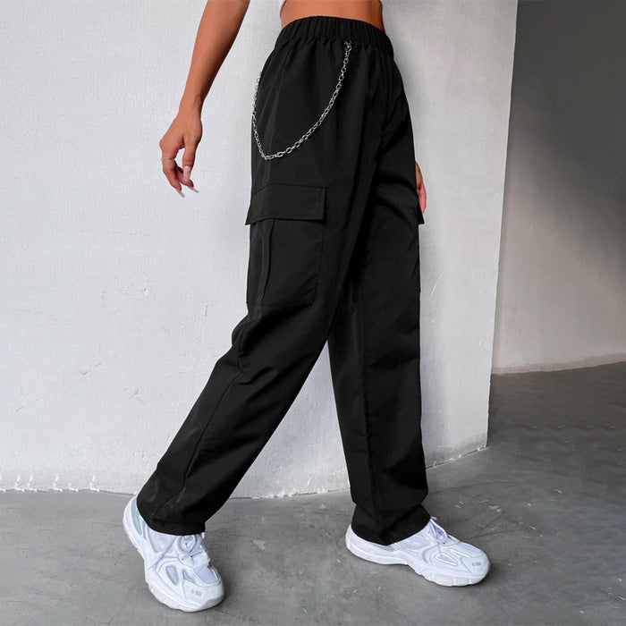 Elastic Waist Cargo Pants With Chain