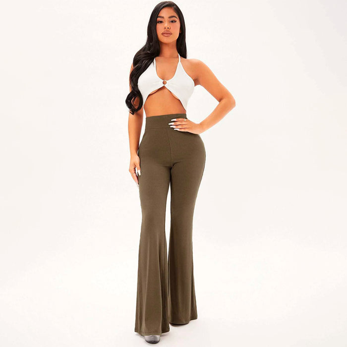 Solid Rib Knit Flare Leg Pants