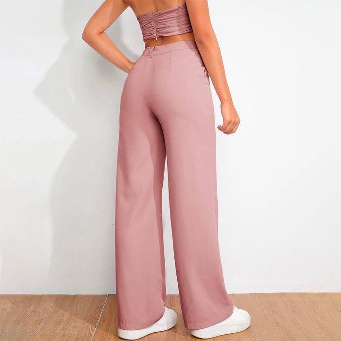 Solid High Waist Straight Leg Pants