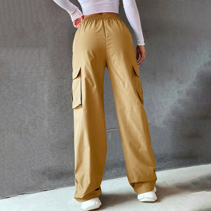 Solid High Waist Flap Pocket Cargo Pants