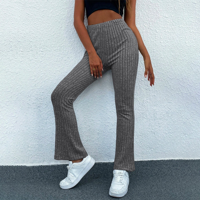 High Waist Ribbed Knit Flare Leg Pants