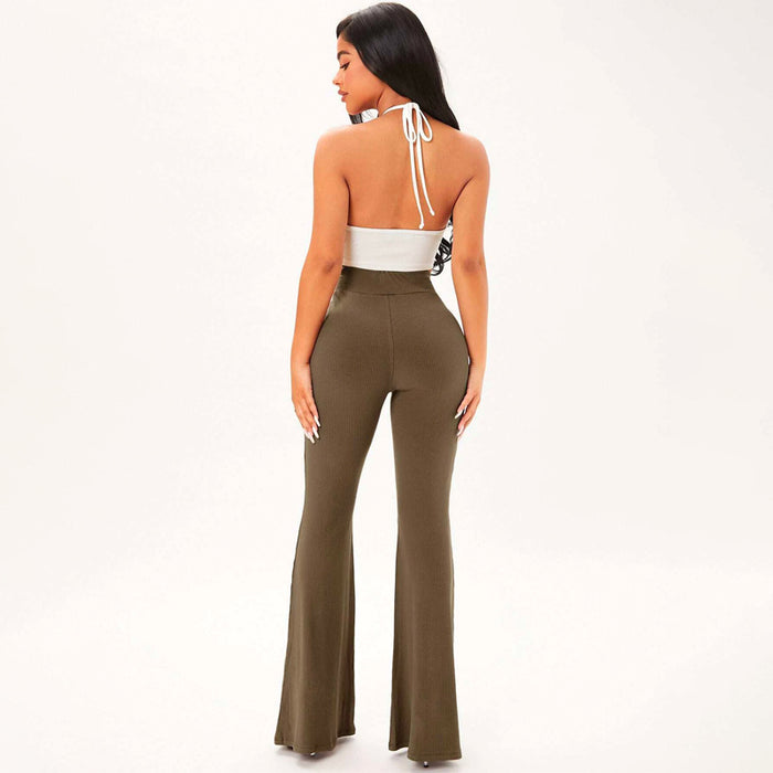 Solid Rib Knit Flare Leg Pants