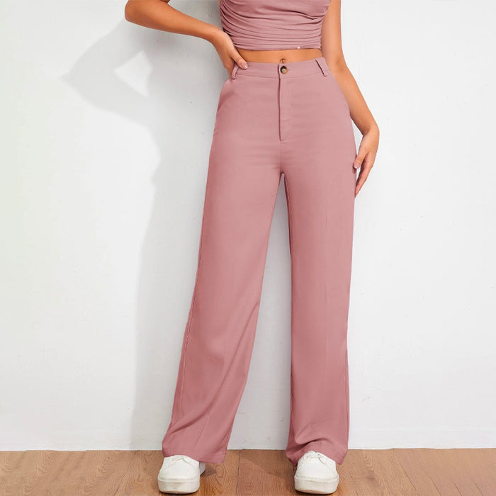 Solid High Waist Straight Leg Pants