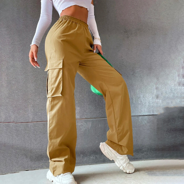 Solid High Waist Flap Pocket Cargo Pants