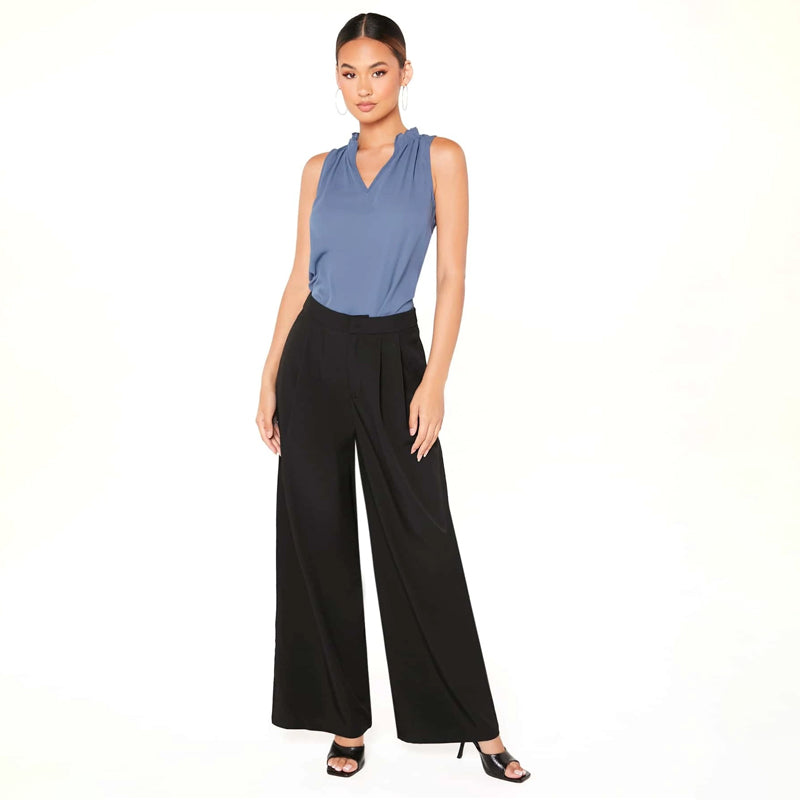 Zipper Fly Fold Pleated Palazzo Pants