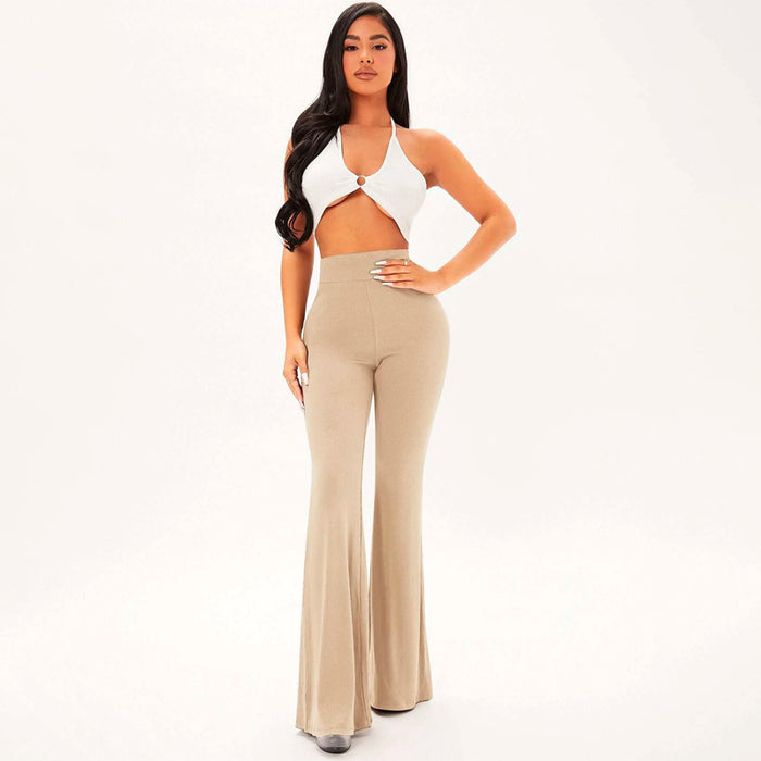 Solid Rib Knit Flare Leg Pants