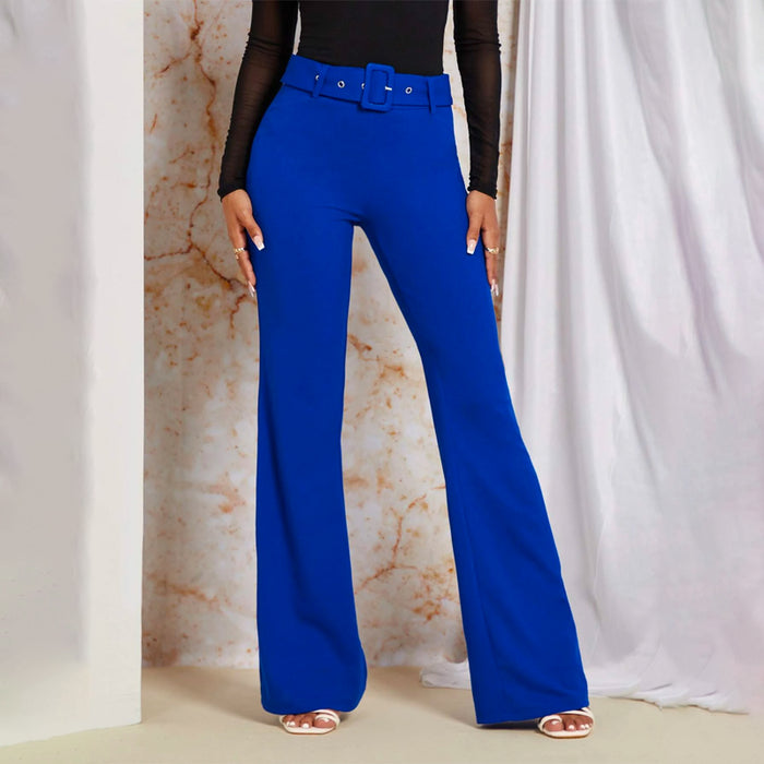 Plain Solid Flare Leg Belted Pants