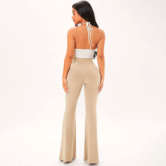 Solid Rib Knit Flare Leg Pants