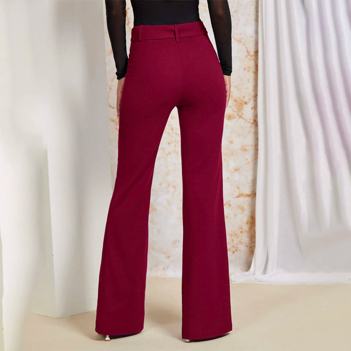 Plain Solid Flare Leg Belted Pants