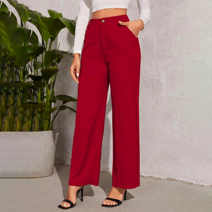 Solid High Waist Straight Leg Pants