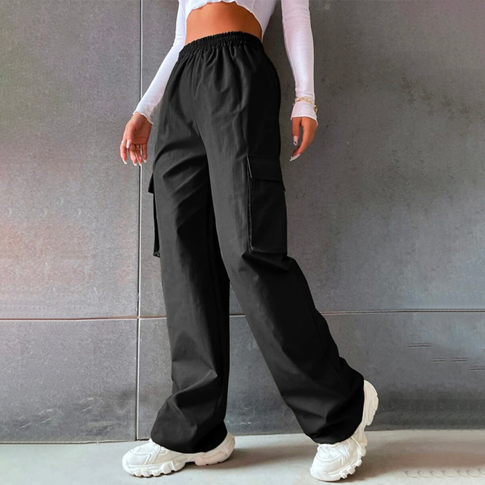 Solid High Waist Flap Pocket Cargo Pants