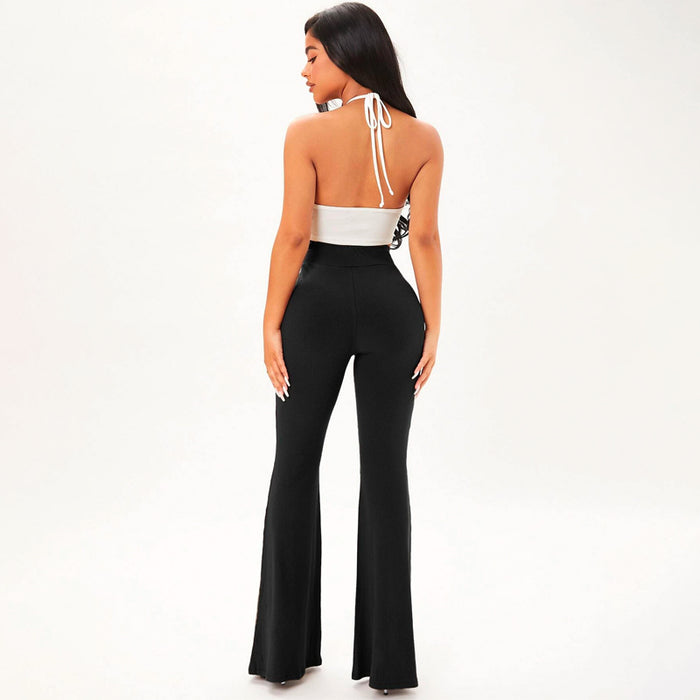 Solid Rib Knit Flare Leg Pants