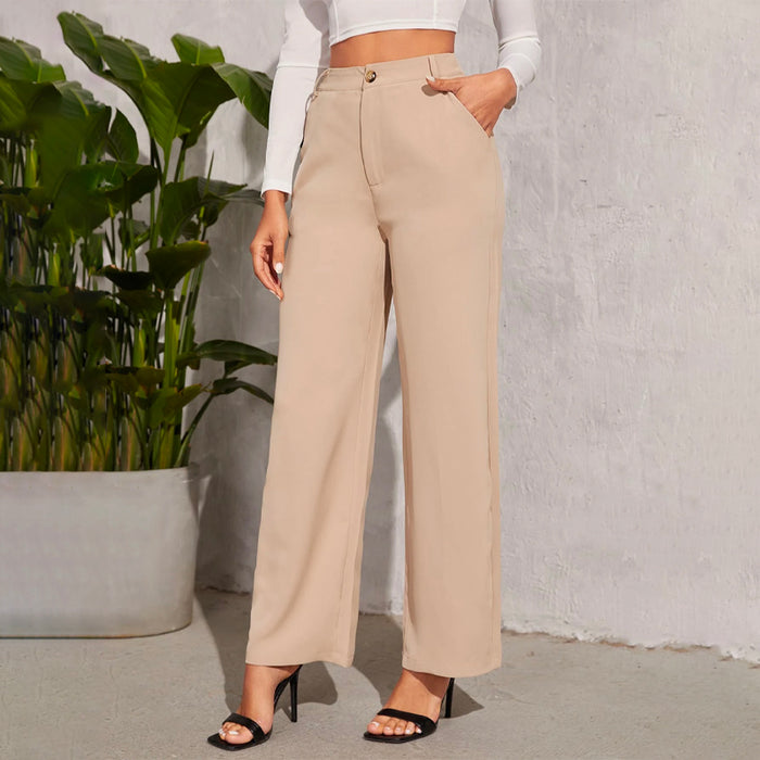 Solid High Waist Straight Leg Pants