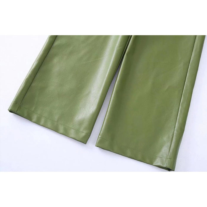 Vintage High Waist Green Faux Leather Flare Pants