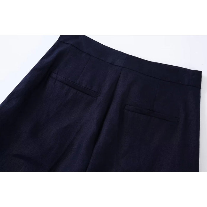 High Waist Navy Blue Zipper Fly Female Trousers