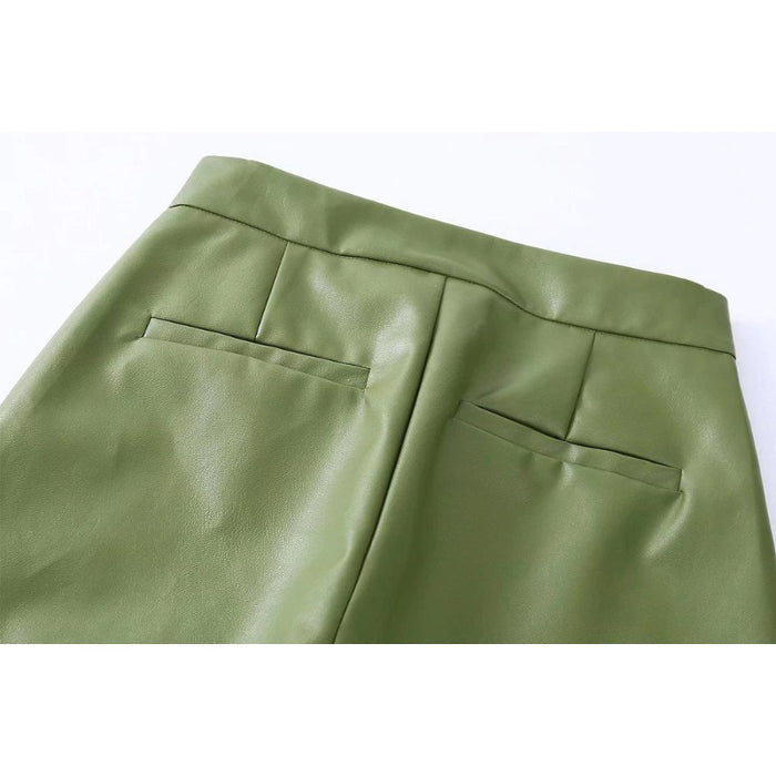 Vintage High Waist Green Faux Leather Flare Pants