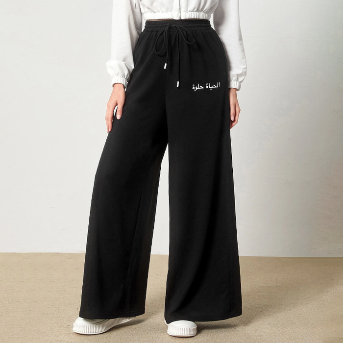 Drawstring Waist Slogan Graphic Wide Leg Pants