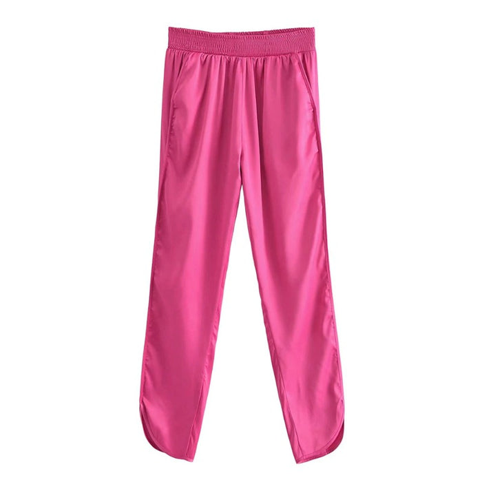 Stylish Pink Side Pockets Satin Slit Hem Pants