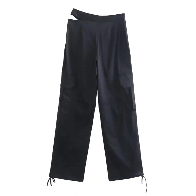 Stylish Black Patch Pockets Hollow Out Cozy Cargo Pants