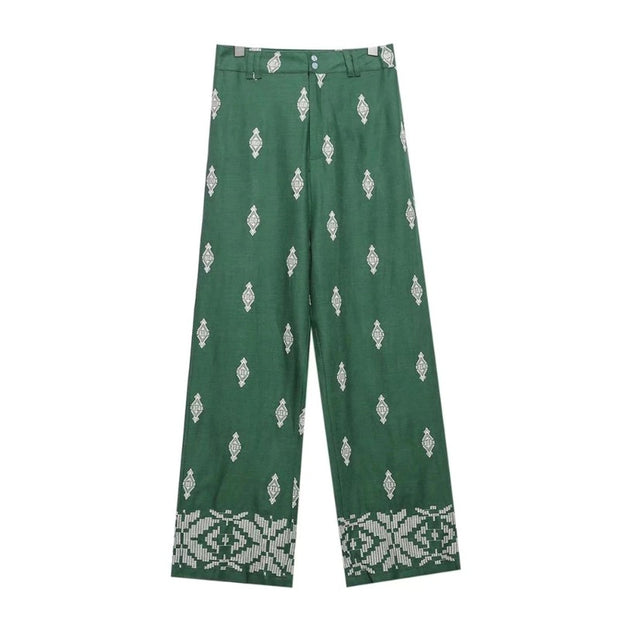Fashion Green Contrast Embroidery Linen Wide Leg Pants