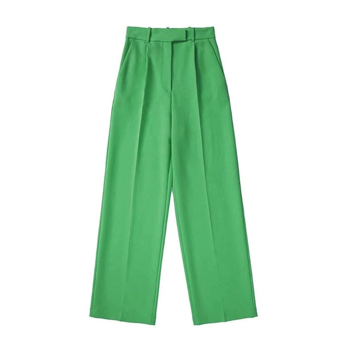 Stylish Green Front Darts Side Pockets Wide Leg Pants