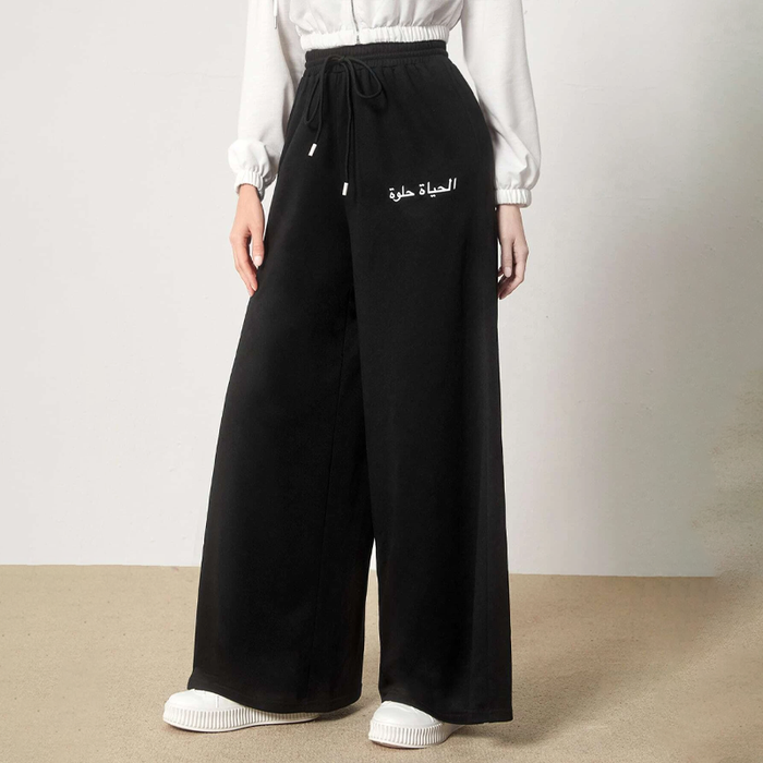 Drawstring Waist Slogan Graphic Wide Leg Pants