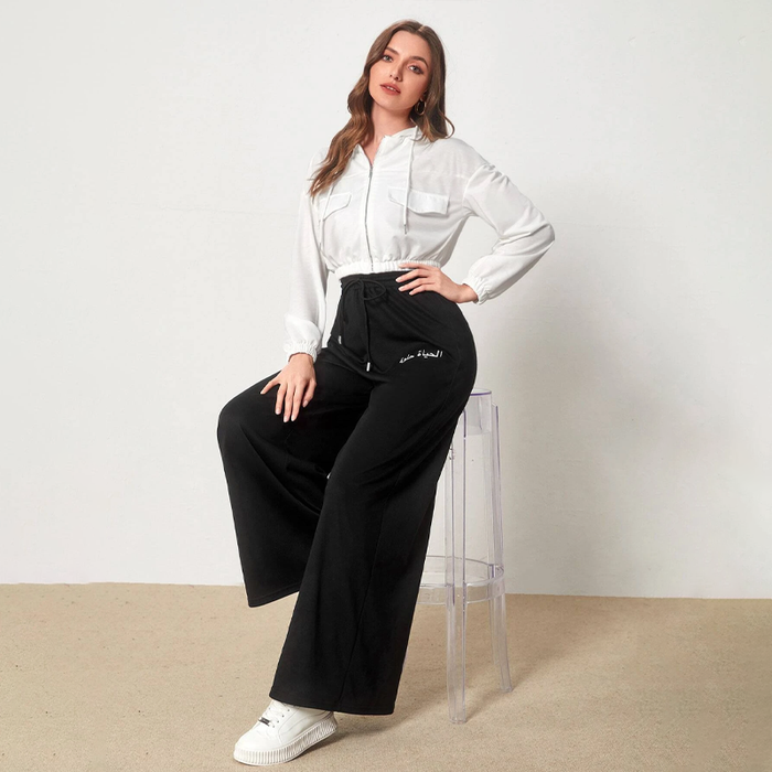 Drawstring Waist Slogan Graphic Wide Leg Pants