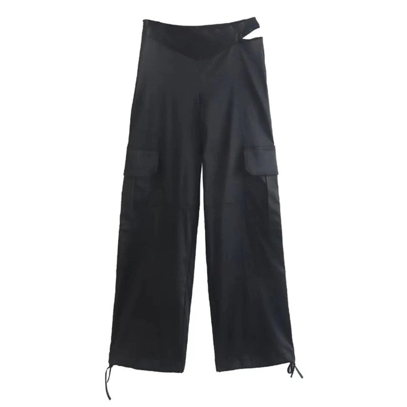 Stylish Black Patch Pockets Hollow Out Cozy Cargo Pants