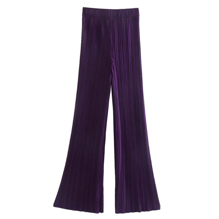 Purple Striped Pleated Flare Pants