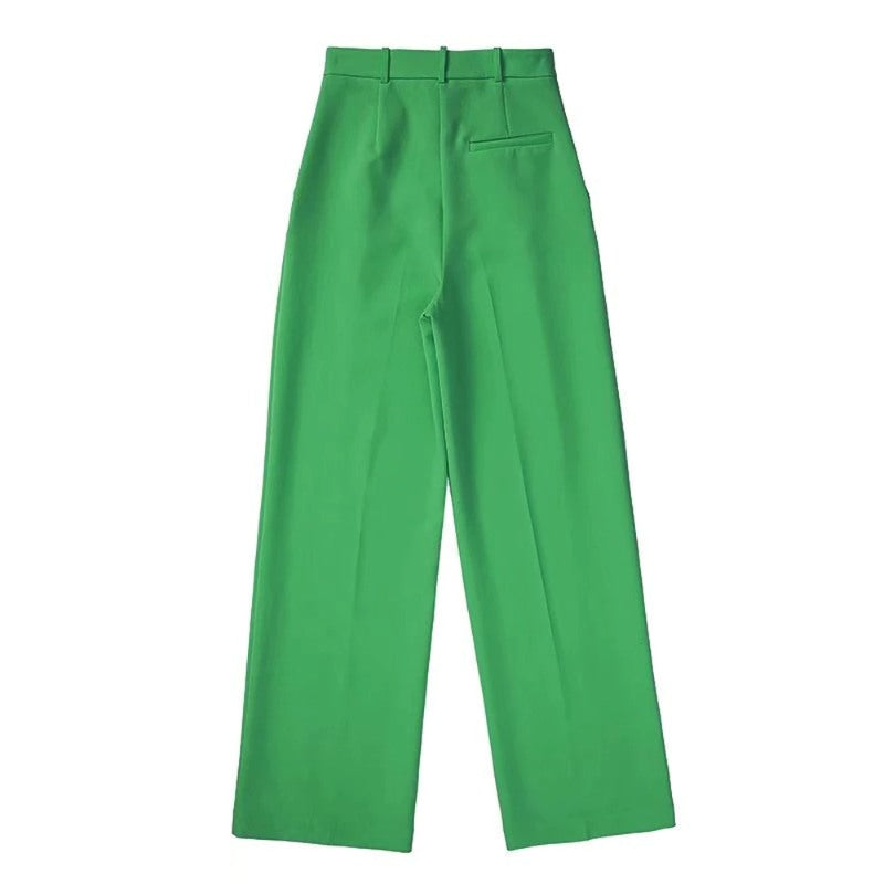 Stylish Green Front Darts Side Pockets Wide Leg Pants