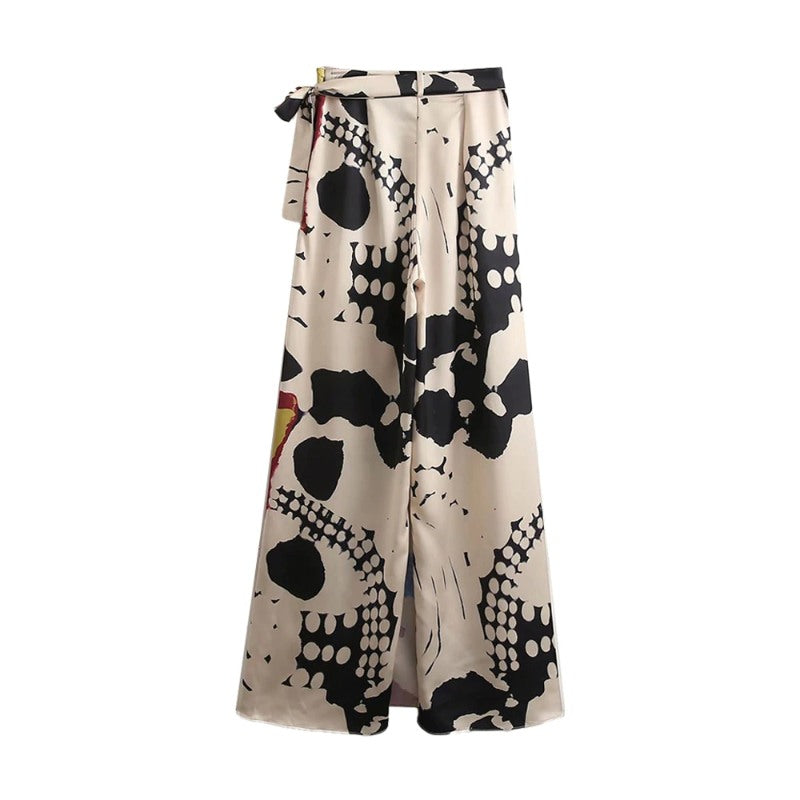 Tied Bow Printed Wrap Wide Leg Pants