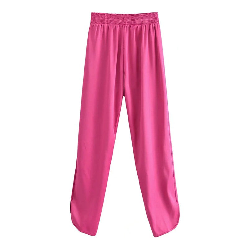 Stylish Pink Side Pockets Satin Slit Hem Pants