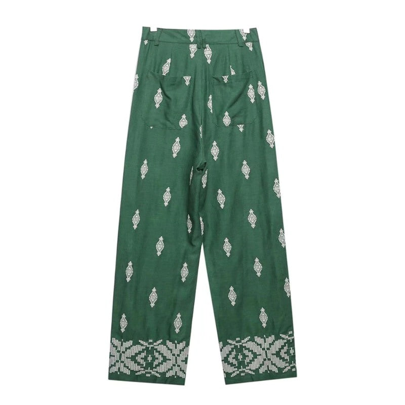 Fashion Green Contrast Embroidery Linen Wide Leg Pants