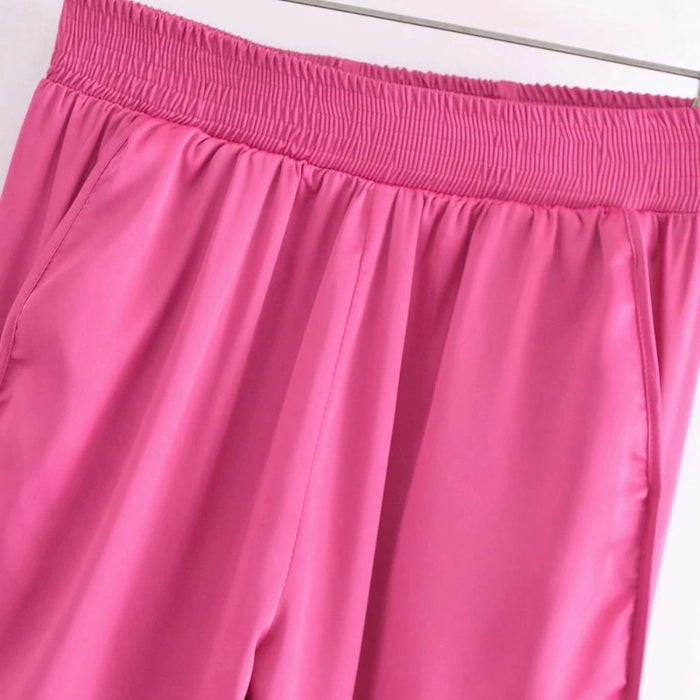 Stylish Pink Side Pockets Satin Slit Hem Pants