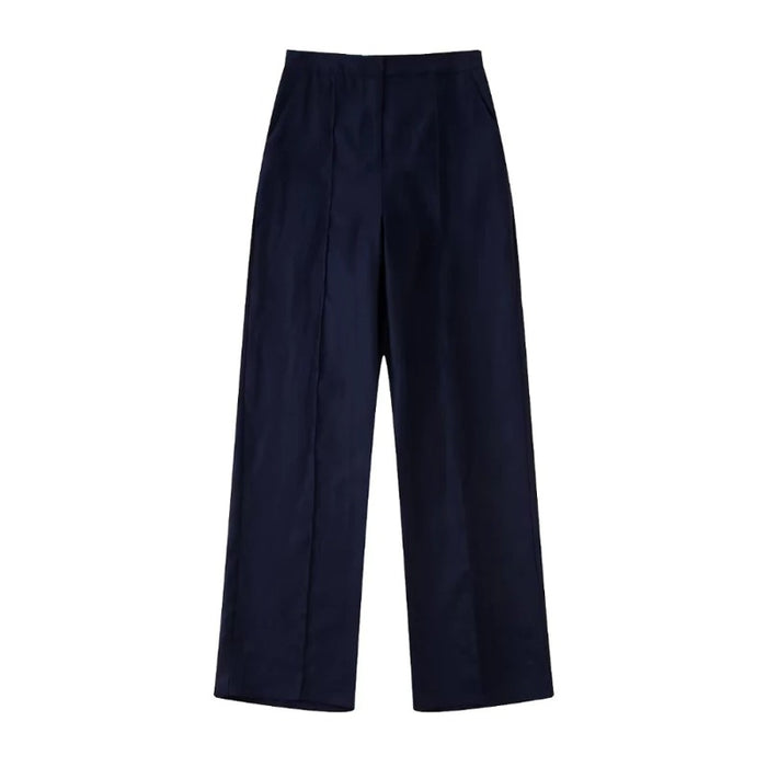 High Waist Navy Blue Zipper Fly Female Trousers