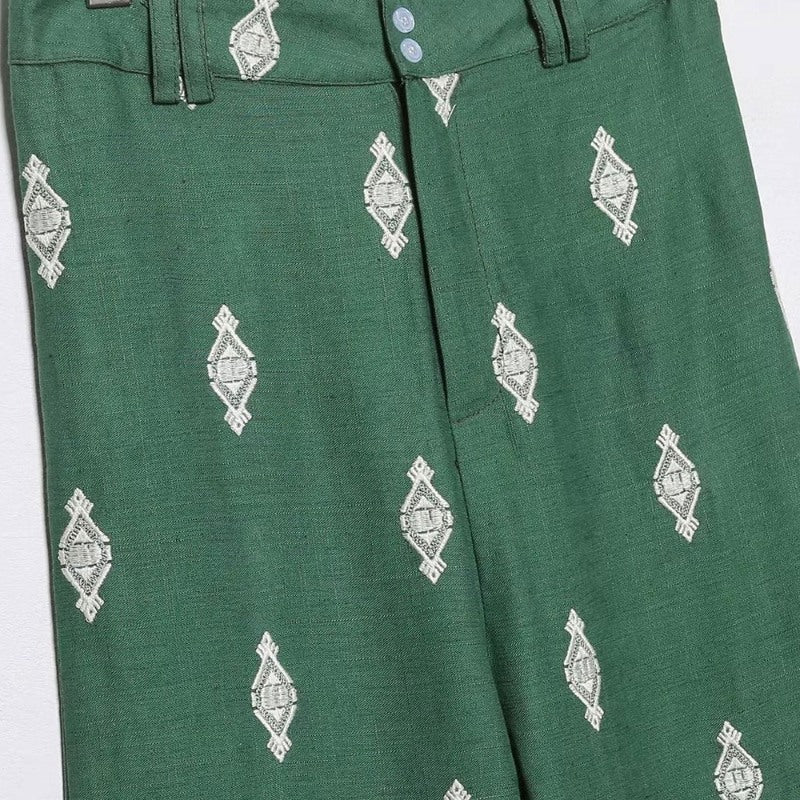 Fashion Green Contrast Embroidery Linen Wide Leg Pants